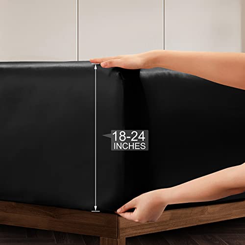 Vonty Satin Sheets Extra Deep Pocket King Size Sheets - Cooling & Silky Satin King Sheets Set with 18-24 Inch Deep Pocket, Black Satin Bed Sheets Fit Up to 24" Deep Matress - 4 Piece Vonty