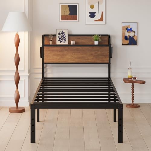 Maenizi 16 Inch Twin Bed Frames with Wood Headboard, Storage Bed Frame Twin No Box Spring Needed, Noise Free, Mahogany Maenizi