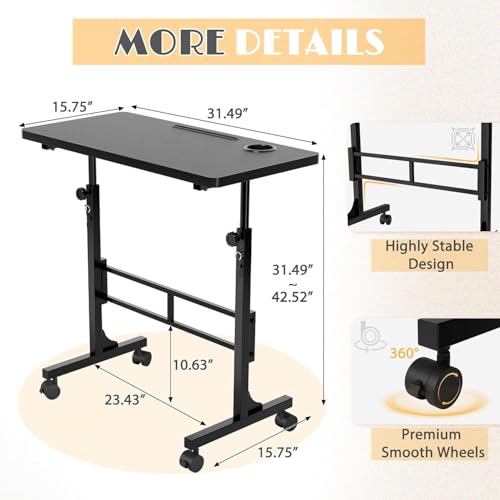 Furmax Small Portable Standing Desk Adjustable Height, Mobile Stand Laptop Computer Workstation with Lockable Wheels for Walking Pad Treadmill (Black) Furmax