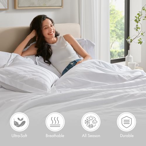 Madison Park Essentials Striped Comforter Set Twin XL, 5 Pieces Modern Minimalist Jacquard Bedding Set for All Season, Bed in A Bag with Sheet Set and Soft Brushed Reverse, Lightweight White Madison Park Essentials