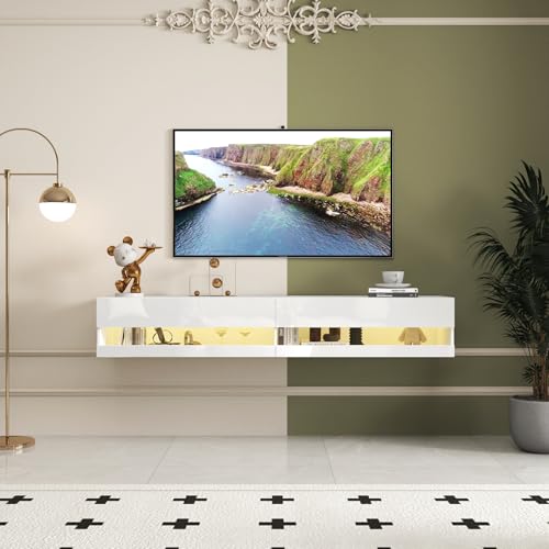 LED Floating TV Stand for 75 inch TV, Modern Wall Mounted TV Shelf with Light String for 55 65 75 Inch TV, Elegant Entertainment Center Equipped with Power Outlet, Front High Gloss TV Console White Banzeem