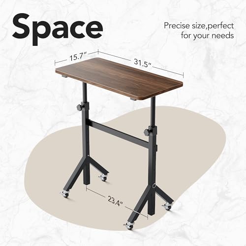 HUANUO 32'' Small Standing Desk with Wheels,28.7"-46.1" Heigh Adjustable Portable Rolling Desks,Mobile Stand Up Desk for Walking Pad and Treadmill,Sit to Stand Computer Workstation for Bedroom,Walnut HUANUO