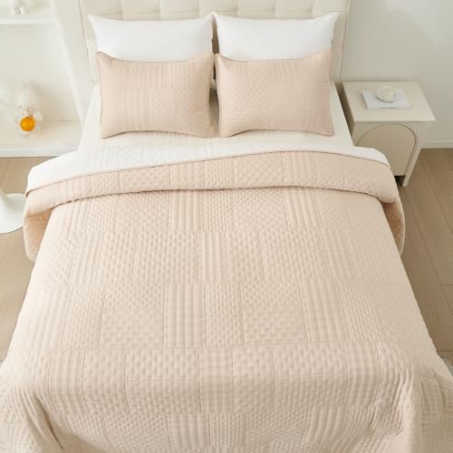 Cmfshape King Quilt Bedding Set - 3 Pieces Reversible Ultrasonic Quilt with Classic Patchwork Pattern,Soft Lightweight Bedspread Coverlet for All Season with 2 Pillow Shams,King Beige(104"x92") Cmfshape