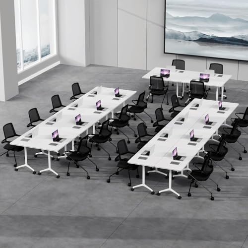 AKSOUDEW Folding Conference Table, Rectangular Conference Room Tables, Mobile Modular Training Table, Solid Steel Frame,Thickened Panel,for Schools,Meeting Room and Offices (4PCS, 71in) AKSOUDEW