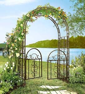 Plow & Hearth Arch Metal Outdoor Garden Arbor Double Gate | Montebello | 84" H x 53" W x 23" D | Gunmetal Black | Trellis Lattice Climbing Plants Plow & Hearth