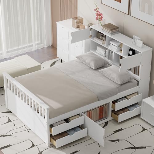 Merax Full Size Modern Captain Platform Bed Frame with Storage Shelves, 4 Drawers & Bookcase Headboard, White Merax