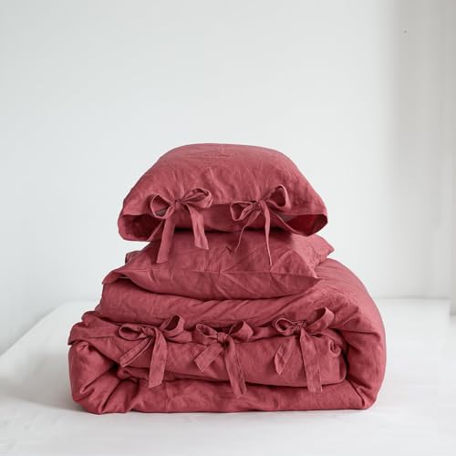 Simple&Opulence 100% French Linen Duvet Cover Set, 3 Pieces Belgian Flax Breathable Bedding, King Size 104''x92'' (1 Comforter Cover+2 Pillowshams) with Tie Closure Style, Red Simple&Opulence