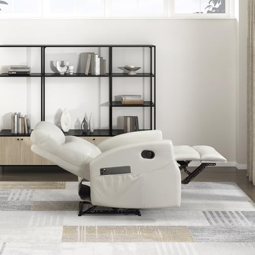 Lexicon Manual Recliner Chair, Wall Hugger Reclining Chair, Faux Leather Nursery Recliner, Tab Pull Reclining, Magazine Pocket, for Living Room/Theater Seating/Apartment, Easy Assembly, Beige