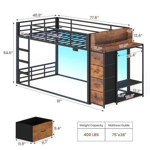 ADORNEVE Low Bunk Bed Twin Over Twin with Bookshelf, 4 Storage Drawers, Metal Kids Bunk Bed with Power Outlet & RGB Lights, Clothing Rack & Shelves, Safety Guardrail & Ladder, Black ADORNEVE