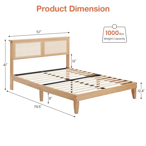 Full-Length Coucheta Modern Bed Frame with Rattan Headboard and LED Lights coucheta
