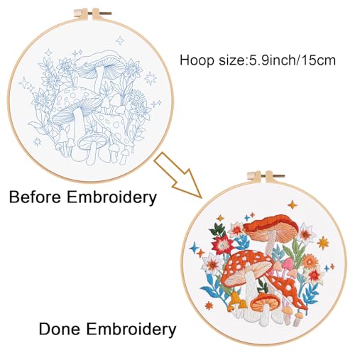 Louise Maelys Embroidery Kit for Beginners,Canvas Makeup Bag,Cross Stitch Kits for Adults,Arts Crafts Needlepoint-Mushroom Flower Pattern
