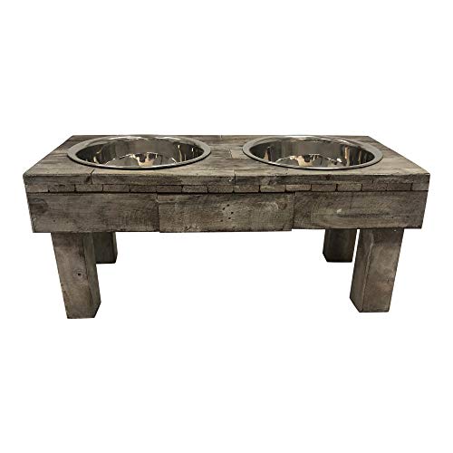 Huntley Equestrian Pet Berjen Table Elevated Double Bowl Pet Feeder, Brown Wash (Large) (02189) Huntley Equestrian