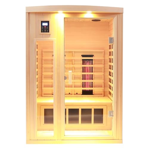 KUNSANA Ceramic Infrared Sauna, 2 Person Infrared Saunas for Home, Hemlock Wood Sauna Room, 2 in 1 Indoor Sauna with Low EMF Heaters + Ceramic Heating Cubes-Chromotherapy-Bluetooth Speaker KUNSANA