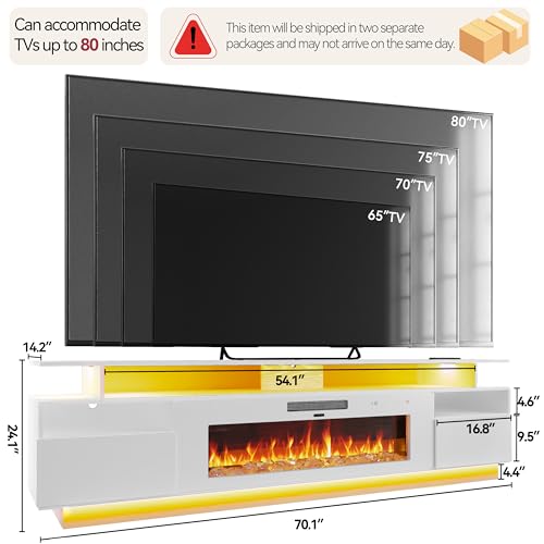 FJTJBSI 70" Fireplace TV Stand with 36" Electric Fireplace Entertainment Center with Charging Station and LED Light Console Table for Television up to 80 inch with Storage for Living Room FJTJBSI