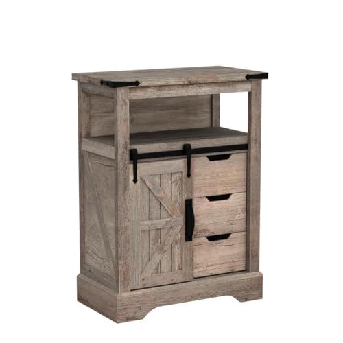 OKD Bathroom Floor Cabinet, Farmhouse Storage Cabinet with Sliding Barn Door & Storage Drawers, Small Storage Cabinet for Bathroom, Kitchen, Living Room, Light Rustic Oak OKD