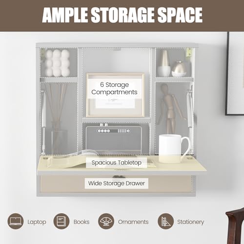 IFANNY Folding Wall Desk, Wood Wall Mounted Desk with Storage Drawer and Shelves, Fold Down Wall Mount Laptop Desk, Corner Floating Desk for Small Spaces (White) IFANNY