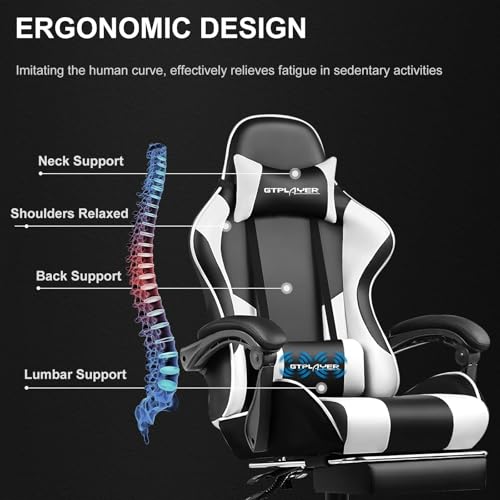 GTPLAYER Gaming Chair, Computer Chair with Footrest and Lumbar Support, Height Adjustable Game Chair with 360°-Swivel Seat and Headrest and for Office or Gaming (Snow White) GTPLAYER