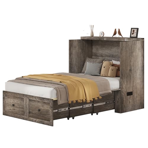 AMERLIFE Twin Murphy Bed Cabinet with Charging Station and Storage Drawer, Farmhouse Foldable Platform Bed for Home Office, Apartment, Small Spaces, Rustic Grey AMERLIFE