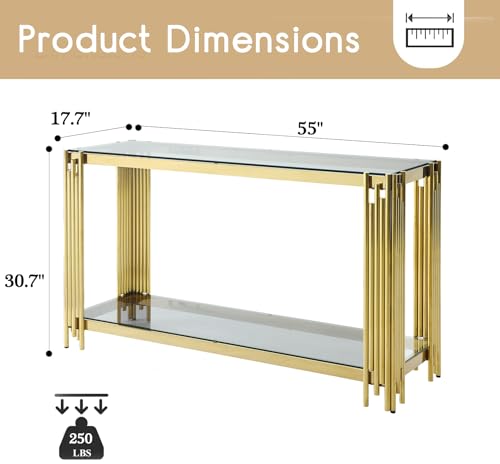 55 Inch Modern Luxury Console Table Clear Glass Sofa Table w/Gold Stainless Steel Pipe Frame, 2-Layer Narrow Table Accent Table for Living Room, Home Entayway Table Foyer Table for Entrance Hallway Henf
