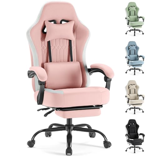 Sweetcrispy Computer Gaming Chair - High Back Ergonomic Desk Chair with Footrest and Lumbar Support, Height Adjustable Task Chair with Linkage Armrests and Headrest, 360° Swivel Wheels, Pink Sweetcrispy