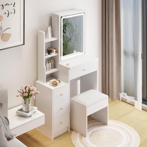 29" Makeup Vanity Desk with Slidding Led Lighted Mirror, Large Storage Modern Dressing Table for Small Space with Multi Hidden Shelves and Cabinet Drawers, Touch Control 3-Color Lighting, Stool Chair Breevia