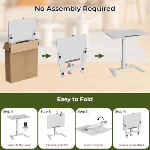 Gibbon Mounts Foldable Standing Desk,Small Mobile Sit-Stand Desk with 90 Tiltable Top,Rolling Rising Laptop Workstation Adjustable Height,Portable Table on Hidden Wheels/4 Lockable Casters,White Gibbon Mounts