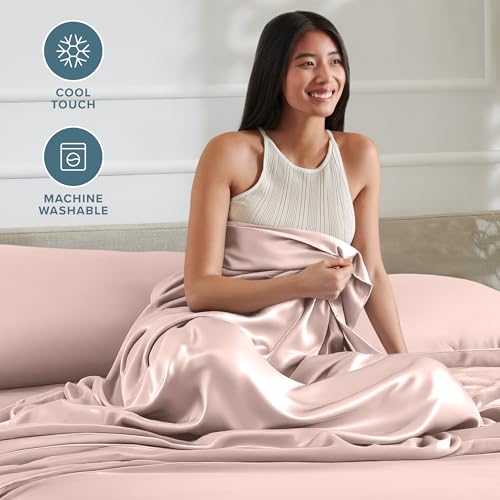 Bare Home Poly Satin Sheet Set - Twin Extra Long - Luxury Soft and Smooth Satin - for Hair and Skin - Breathable - Similar to Silk - Deep Pocket up to 15” - Bedding Sheet Set (Twin XL, Blush) Bare Home