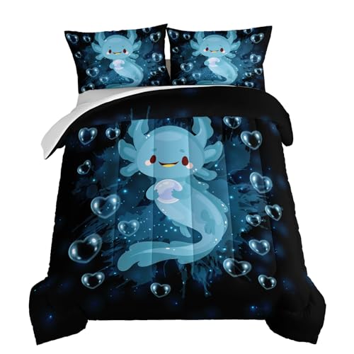 HOSIMA Axolotl Comforter Set Blue Axolotl Pattern Kawaii Bed Set for Kids Bedroom Decor,Twin Bed Set for Girls with 2 Pillowcases. HOSIMA