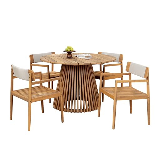Merax 5 Pieces Patio Dining Sets for 4 People, Outdoor Acacia Wood Furniture Sets, 47.25" Large Round Table & Slatted Dining Chairs for Garden Patio Deck, Teak Look & White Rope Merax