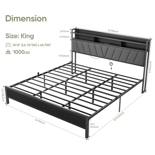 Welzona King Size Bed Frame with Headboard, Metal Platform Bed with LED Lights & Charging Station, 2-Tier Storage, Sturdy and Easy Assembly, Under Bed Storage, No Box Spring Needed, Noise Free, Black Welzona