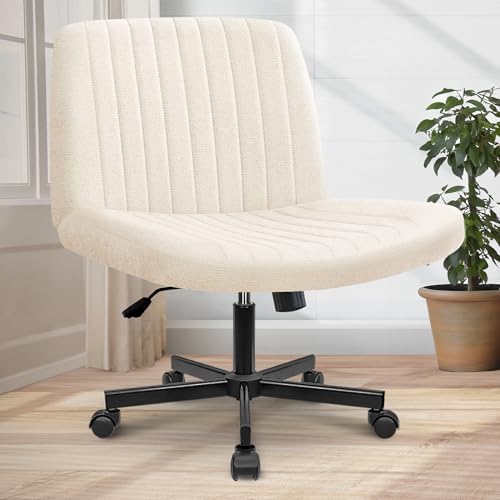 Orange Factory Criss Cross Chair Wheels Wide Cross Legged Office Desk Vanity Chair Comfy Fabric Armless Adjustable Swivel for Home Computer Task (Beige) Orange Factory