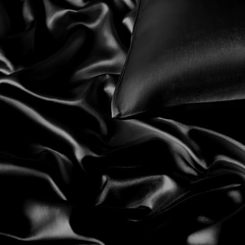 VACVELT 3-Piece Satin Fitted Sheet Set King Size, Black Bottom Bed Sheet with 2 Pillowcases, Similar to Silk Sheets, Luxury & Silky Bedding Set, 15 Inch Deep Pocket VACVELT
