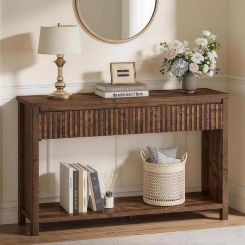 BON AUGURE Console Table with 2 Drawers, 47In Entryway Table with Storage, Sofa Tables with Two-Tier Shelf, Narrow Farmhouse Fluted Couch Tables for Living Room, Rustic Oak BON AUGURE