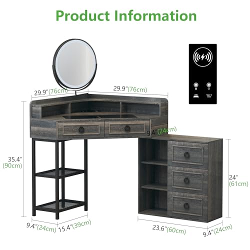 WOOVIVS Corner Vanity Desk with Lighted Rotating Mirror, Glass Top Makeup Table with 5 Drawers, Small Vanitys with Charging Station,Jewelry Organizers for Bedroom,Brown WOOVIVS