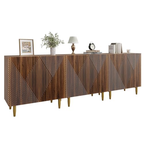 BREEZEHEAT Sideboard Buffet Cabinet with Storage, Fluted Accent Cabinet with 6 Doors, Mid Century Modern Console Table with Adjustable Shelves, Stylish Credenzas for Living Room or Entryway, Walnut BREEZEHEAT