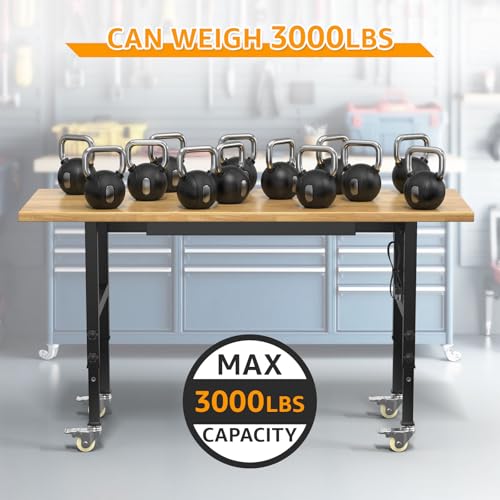 60" Adjustable Workbench,Heavy-Duty Work Table,3000 LBS Load Capacity Hardwood Workstation Outlets with Power Strips, Drawers and Wheels,for Workshop, Garage Gymplis