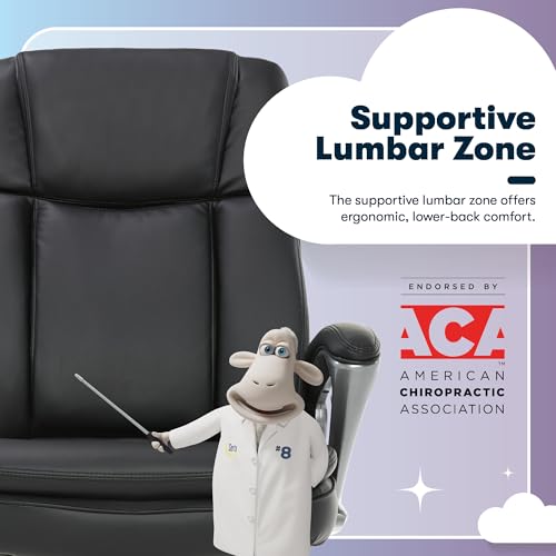 Serta Fairbanks Big & Tall Executive Office Chair, Ergonomic Comfy High-Back ComputerChairs with Lumbar Support, Semi-Plush Seat Cushion, Padded Armrests, Nylon Swivel Base, Bonded Leather, Black Serta