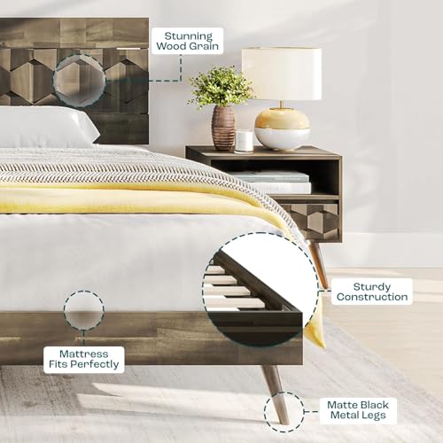 Oliver Queen Size Bed Frame - 15-Inch Mid Century Design with Rattan Headboard, Bohemian Style, No Box Spring Needed, Easy Assembly in Caramel Bme