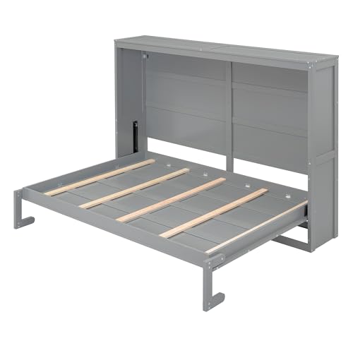 MERITLINE Full Horizontal Murphy Chest Bed,Wood Folding Grey Murphy Bed Cabinet for Adults No Box Spring Needed MERITLINE