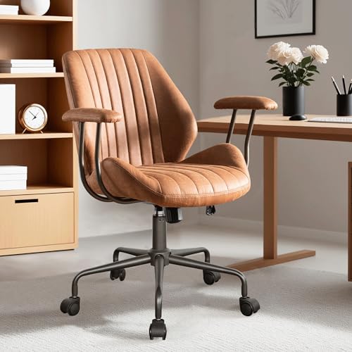 ovios Ergonomic Office Chair, Mid Back Faux Leather Executive Chairs with Armrests, Comfy Mid-Century Modern Swivel Rolling Computer Armchair (Brown, Suede Leather) ovios