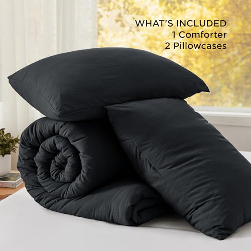 Bedsure Queen Comforter Set, Black Soft Prewashed Bedding for All Seasons, 3 Pieces GentleSoft™ Bed Set, 1 Lightweight Comforter (90"x90") and 2 Pillowcases (20"x26") Bedsure