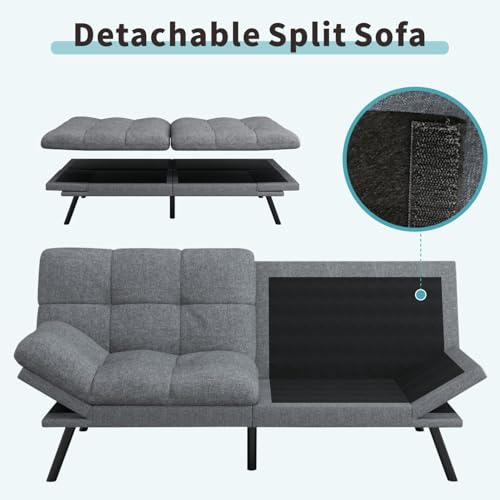 MUUEGM 71" Futon Sofa Bed, Comfortable Memory Foam Futons Sofa with Adjustable Backrest & Armrests, Convertible Loveseat Futon Bed for Compact Living Room, Apartment, Office, Grey MUUEGM