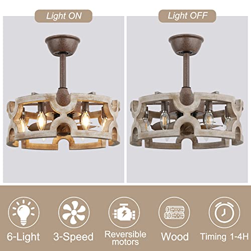 CICIYIG Ceiling Fans with Lights, Farmhouse Ceiling Fan Light Caged, 18" Rustic Boho Fan Lights Wood Chandelier Fan Fixtures Vintage Bladeless Ceiling Fan Remote Dining Room 6xE12 Base (White-1) CICIYIG