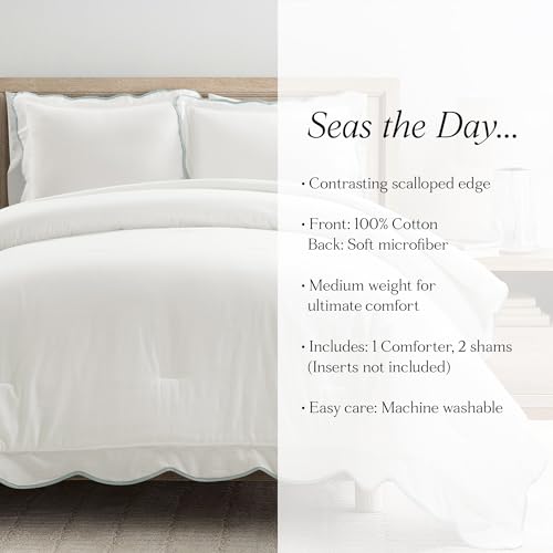 Lush Decor Coastal Chic Scalloped Edge Comforter Set, 3 Piece Set Full/Queen, Blue & White - Queen Bedding Set - White Comforter - Coastal Decor Lush Decor