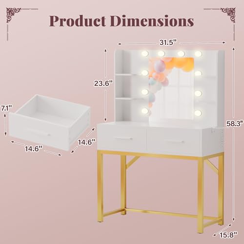 Furmax Vanity Desk with Mirror and LED Light Bulb, Small Makeup Vanity Table with Drawers, Dressing Table with Power Outlet and Hair Drayer Holder for Bedroom (White & Gold) Furmax