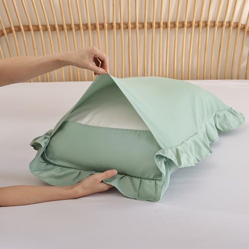 JANZAA Twin Comforter Set Sage Green Comforter Set 2PCS Ruffled and 1 Pillow Case Fluffy Vintage Farmhouse Shabby Chic Bedding Soft All Season JANZAA