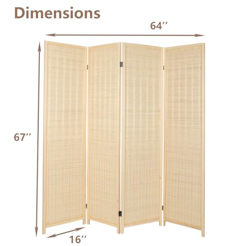 4 Panel Bamboo Room Divider, 5.6 FT Folding Privacy Screen, Bamboo Panel Divider Screen for Room Separation, Freestanding Partition for Home, Office, Bedroom (Beige) ZFFURN