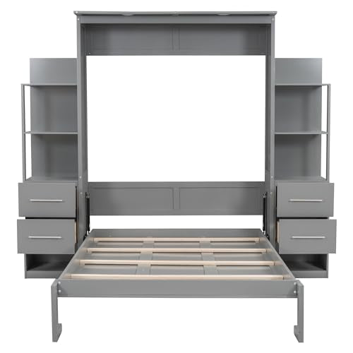 MERITLINE Full Murphy Bed with Storage Drawers,LED Lights and Storage Bookcase Shelves,Wood Murphy Wall Bed Cabinet for Adults MERITLINE