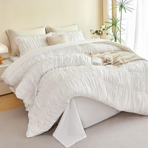 PERFEMET White Bedding Queen Size Set, 5 Pieces Fluffy Ruched Comforter (90"x90"), Luxury Soft Boho Chic Ruffled Bed in a Bag with Sheet, All Season Farmhouse Pleated Texture Bed Sets(White, Queen) PERFEMET