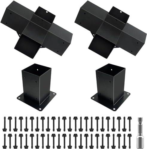 DEVALLEY 4-Way Right Corner Pergola Brackets Kit,Woodwork Brackets with Post Anchors for 4" x 4"(Actual:3.5"x3.5") Wood Beams for Patio Pergolas,Gazebos,Log Cabin W/Hardware (4 Pack)… DEVALLEY